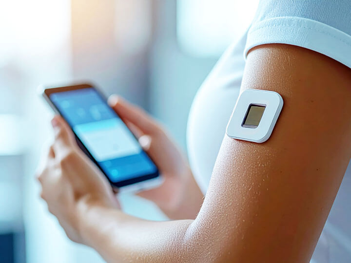 A woman using a smartphone while wearing a connected health device on her arm