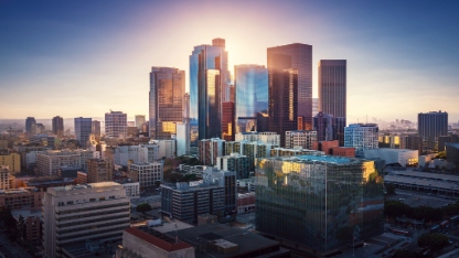 Sunset over Los Angeles downtown